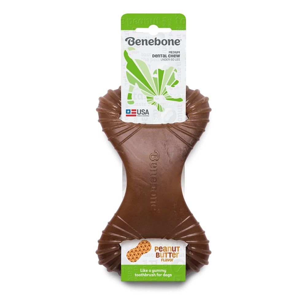 Benebone Dental Chew Peanut Dog Chew Toy with deep grooves and ergonomic design, infused with real peanut butter flavor.