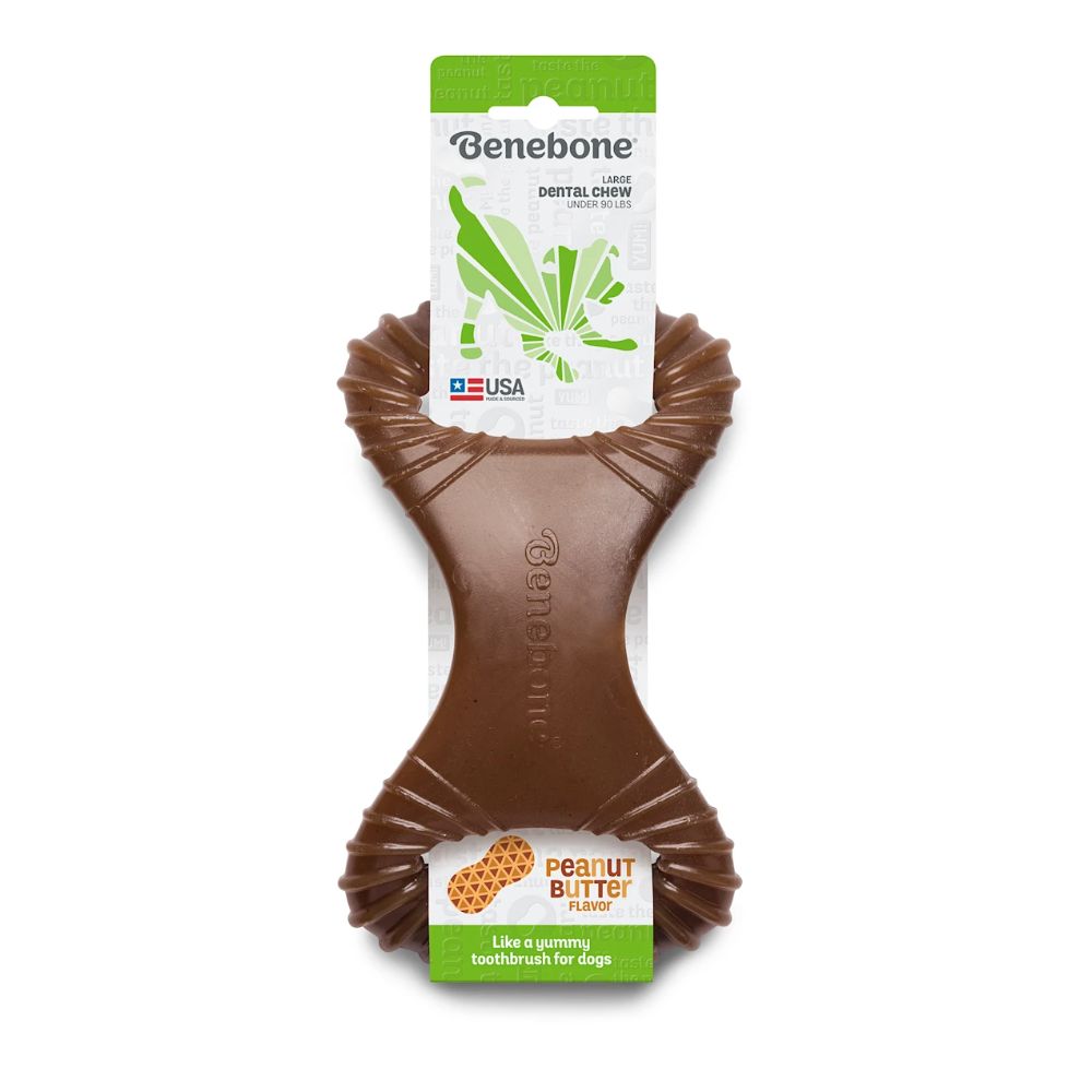 Benebone Dental Chew Peanut Dog Chew Toy with deep grooves and ergonomic design, infused with real peanut butter flavor.