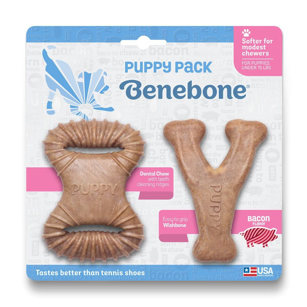 Benebone Puppy 2-Pack featuring a dental chew and wishbone chew toy in bacon flavor, designed for tiny dogs.