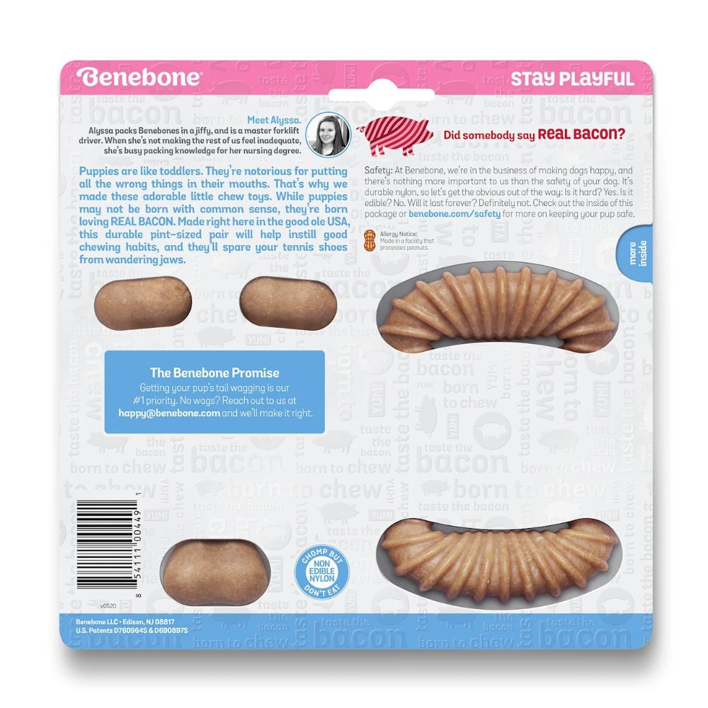 Benebone Puppy 2-Pack featuring a dental chew and wishbone chew toy in bacon flavor, designed for tiny dogs.