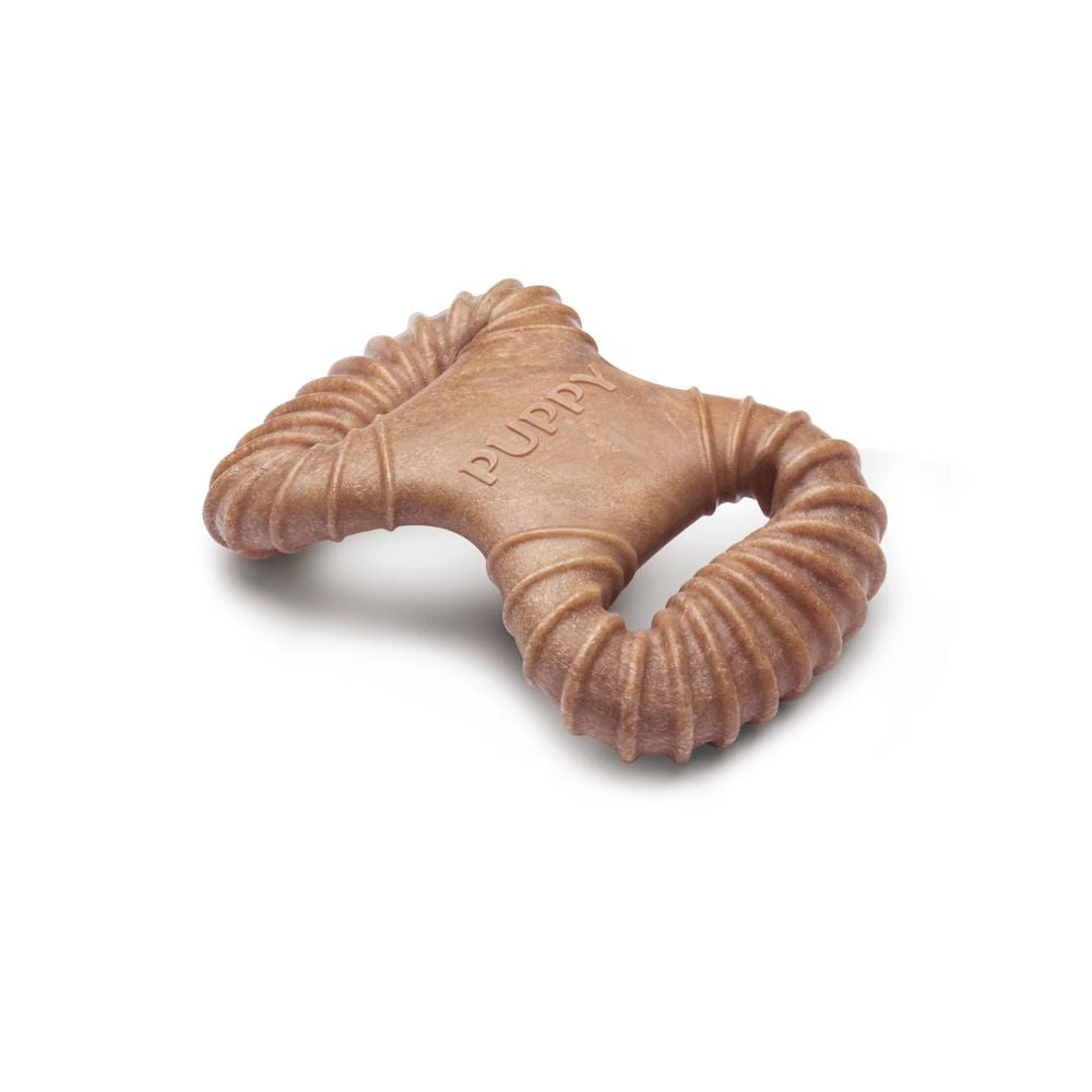 Benebone Puppy 2-Pack featuring a dental chew and wishbone chew toy in bacon flavor, designed for tiny dogs.