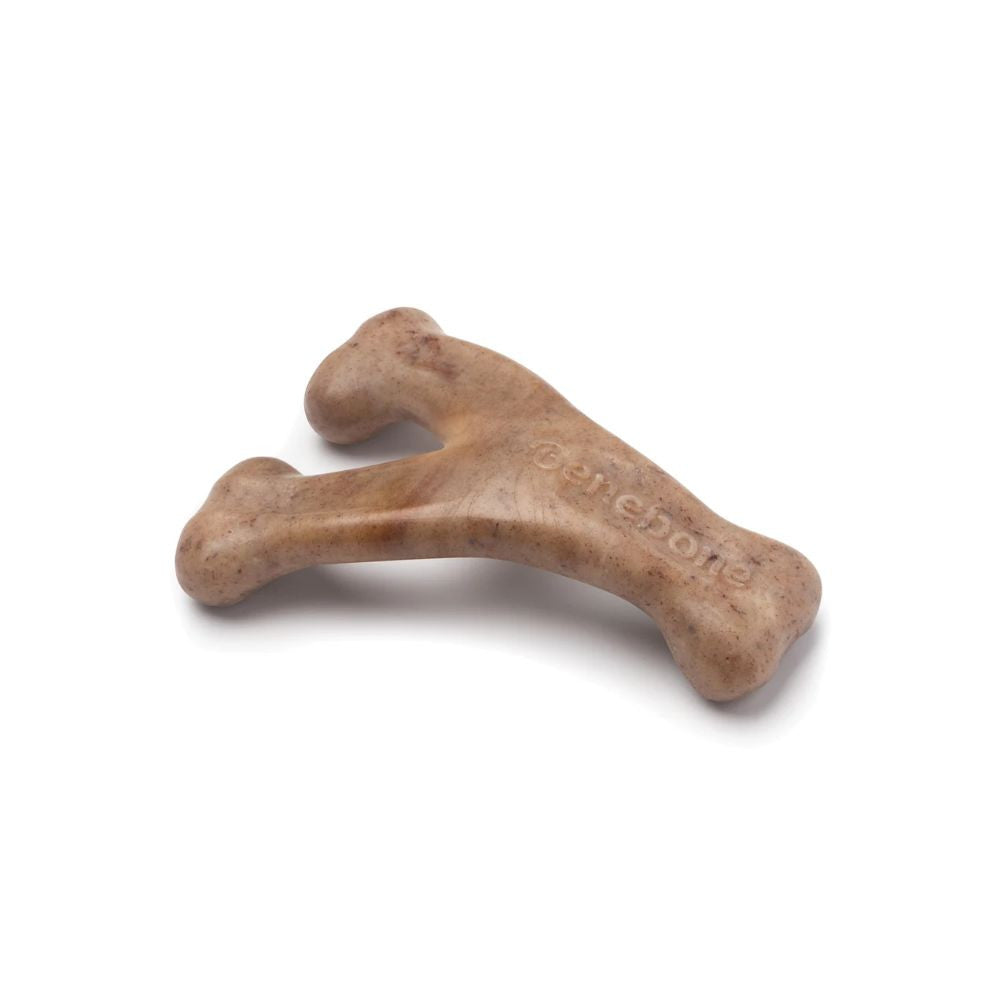 Benebone Puppy 2-Pack featuring a dental chew and wishbone chew toy in bacon flavor, designed for tiny dogs.
