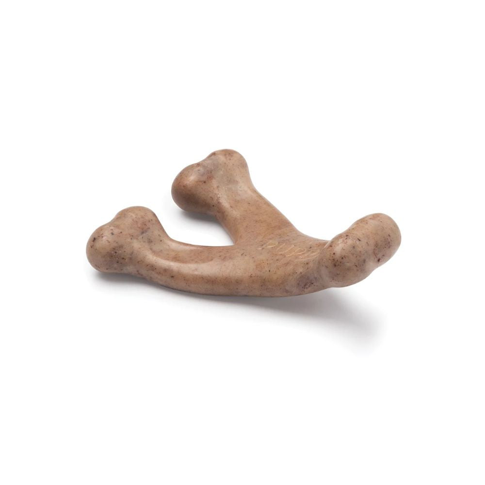 Benebone Puppy 2-Pack featuring a dental chew and wishbone chew toy in bacon flavor, designed for tiny dogs.