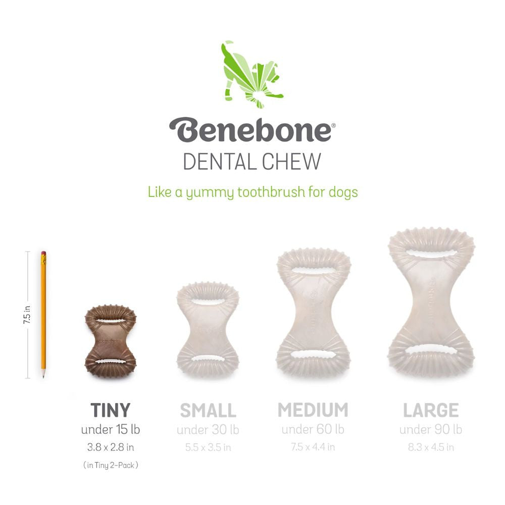 Benebone Puppy 2-Pack featuring a dental chew and wishbone chew toy in bacon flavor, designed for tiny dogs.
