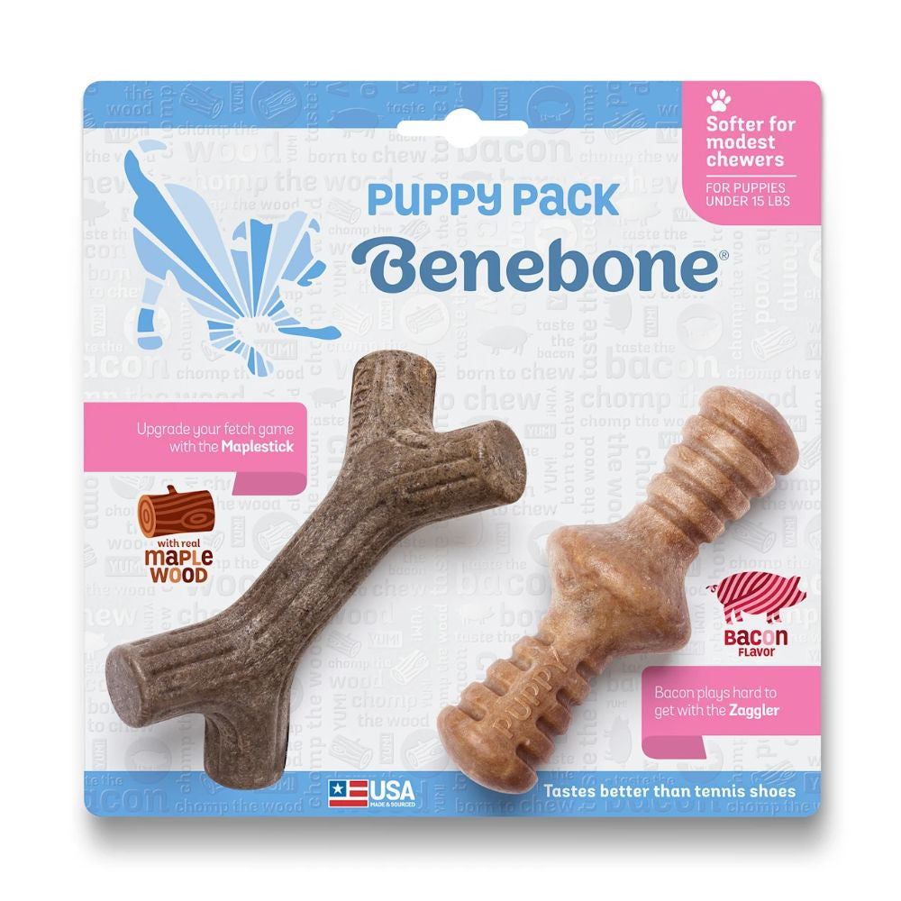 Benebone Puppy 2-Pack featuring Maplestick and Zaggler Bacon chew toys designed for tiny dogs, showcasing their soft texture and engaging shapes.