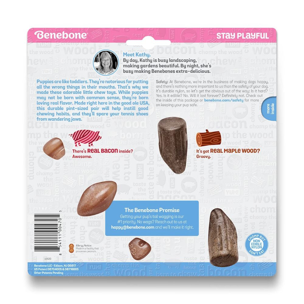 Benebone Puppy 2-Pack featuring Maplestick and Zaggler Bacon chew toys designed for tiny dogs, showcasing their soft texture and engaging shapes.