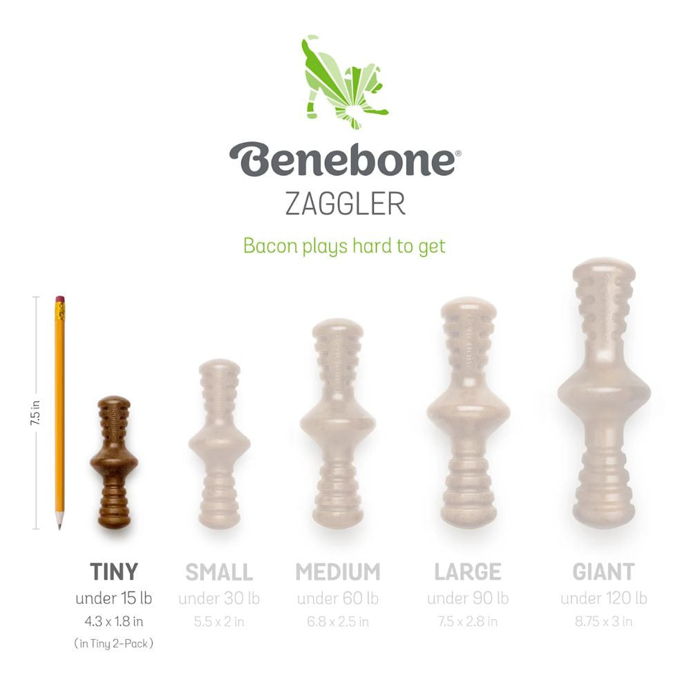 Benebone Puppy 2-Pack featuring Maplestick and Zaggler Bacon chew toys designed for tiny dogs, showcasing their soft texture and engaging shapes.