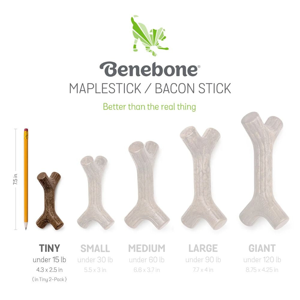Benebone Puppy 2-Pack featuring Maplestick and Zaggler Bacon chew toys designed for tiny dogs, showcasing their soft texture and engaging shapes.