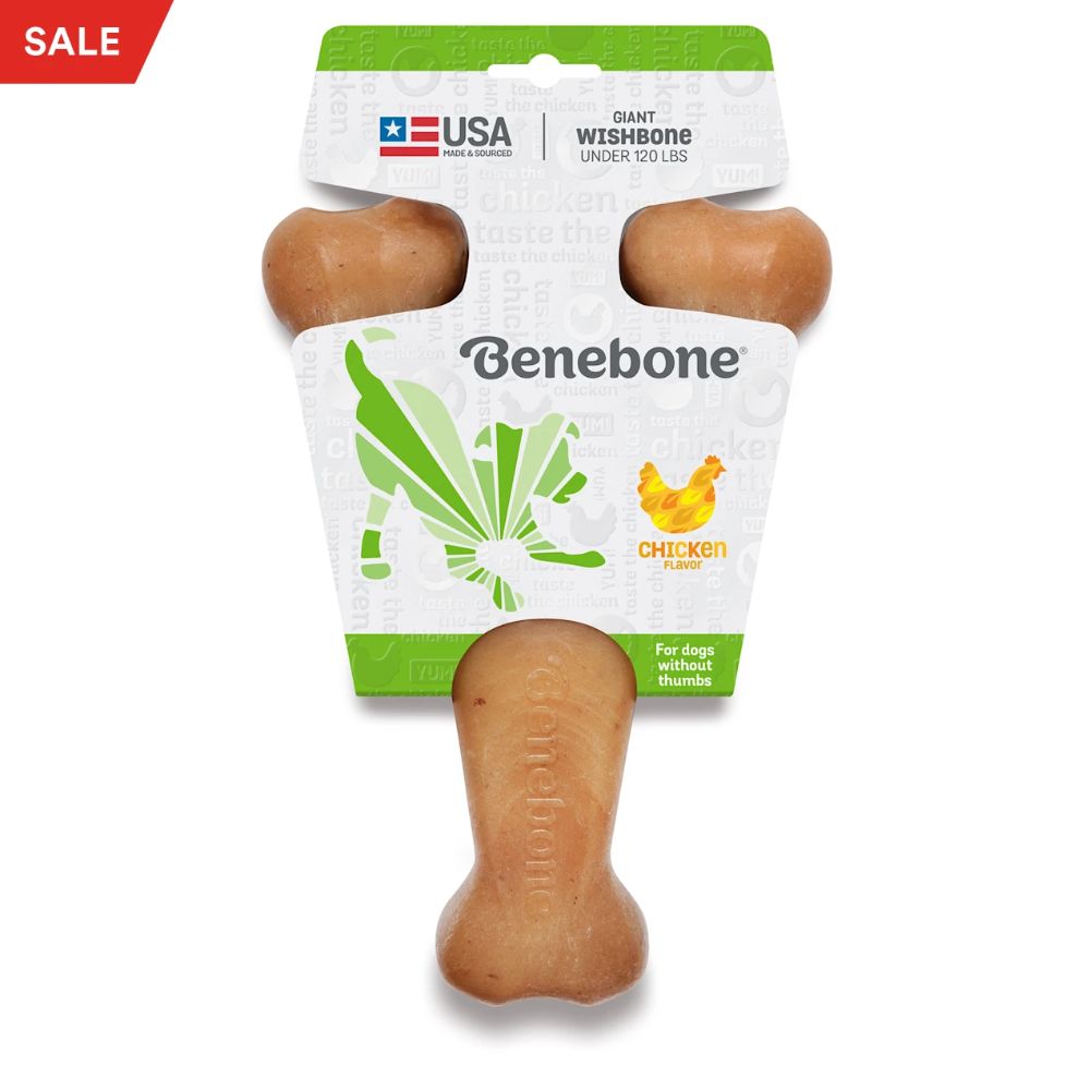 Benebone Wishbone Chicken Dog Chew Toy in a wishbone shape, made of durable nylon, featuring flavor grooves for enhanced chewing experience.