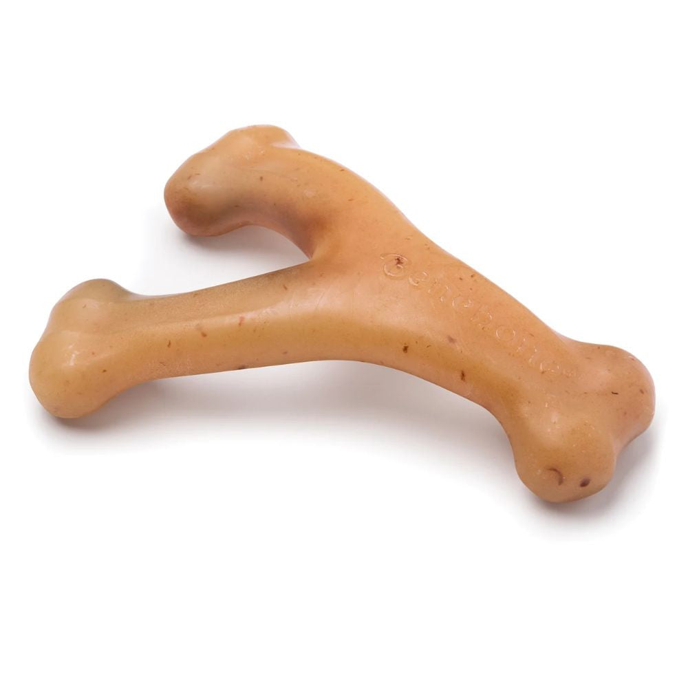 Benebone Wishbone Chicken Dog Chew Toy in a wishbone shape, made of durable nylon, featuring flavor grooves for enhanced chewing experience.