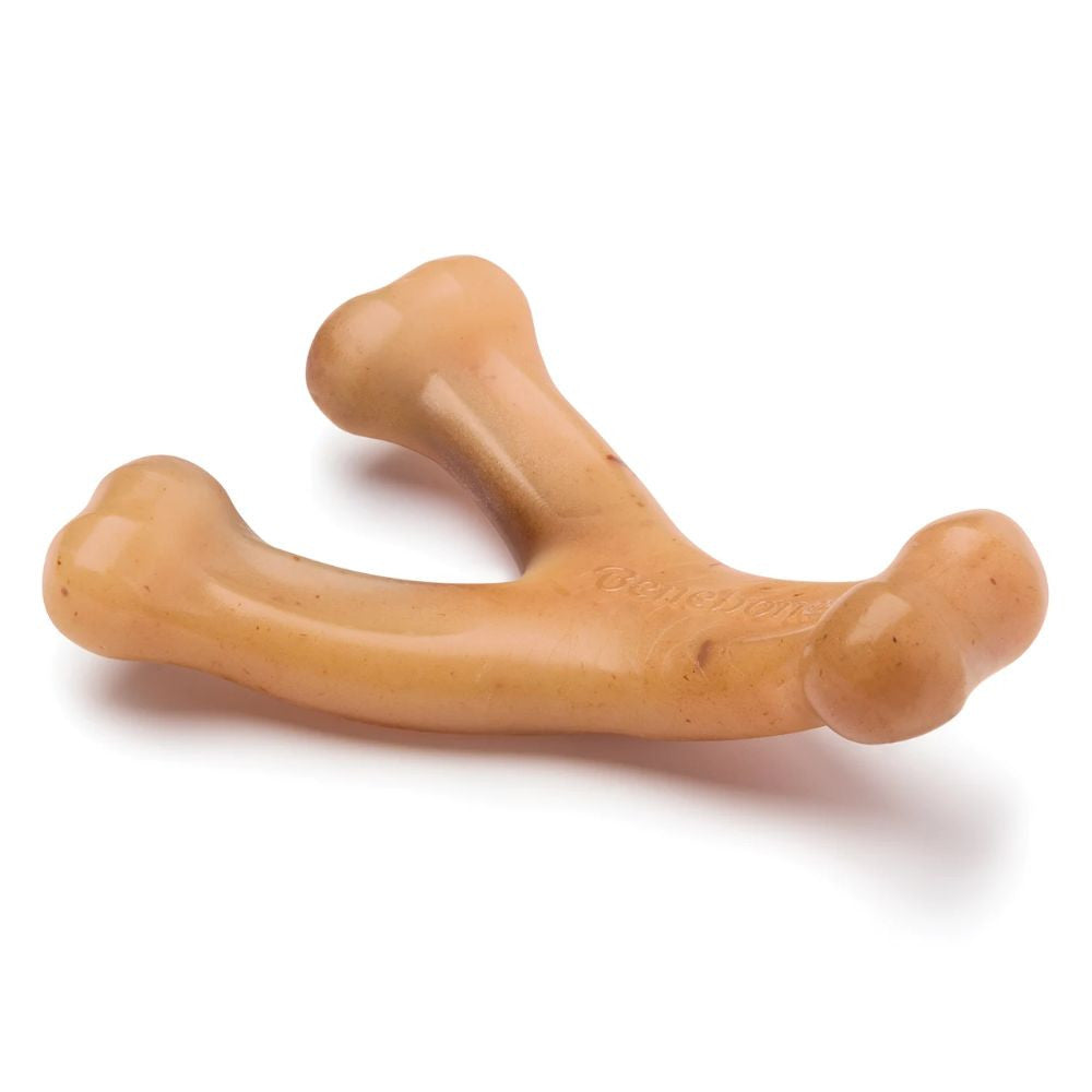 Benebone Wishbone Chicken Dog Chew Toy in a wishbone shape, made of durable nylon, featuring flavor grooves for enhanced chewing experience.