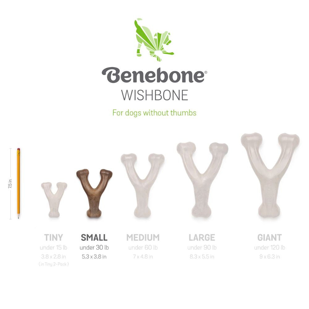 Benebone Wishbone Chicken Dog Chew Toy in a wishbone shape, made of durable nylon, featuring flavor grooves for enhanced chewing experience.