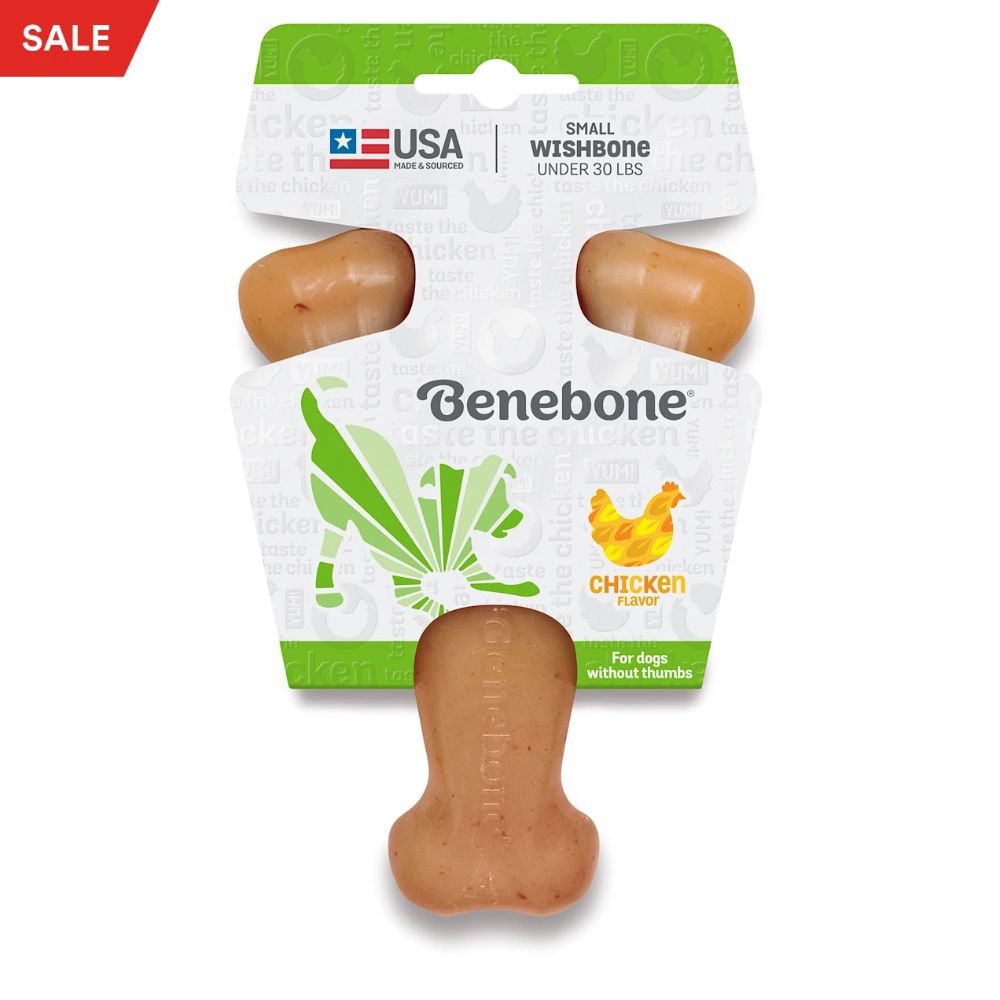 Benebone Wishbone Chicken Dog Chew Toy in a wishbone shape, made of durable nylon, featuring flavor grooves for enhanced chewing experience.