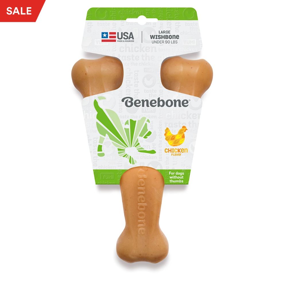 Benebone Wishbone Chicken Dog Chew Toy in a wishbone shape, made of durable nylon, featuring flavor grooves for enhanced chewing experience.