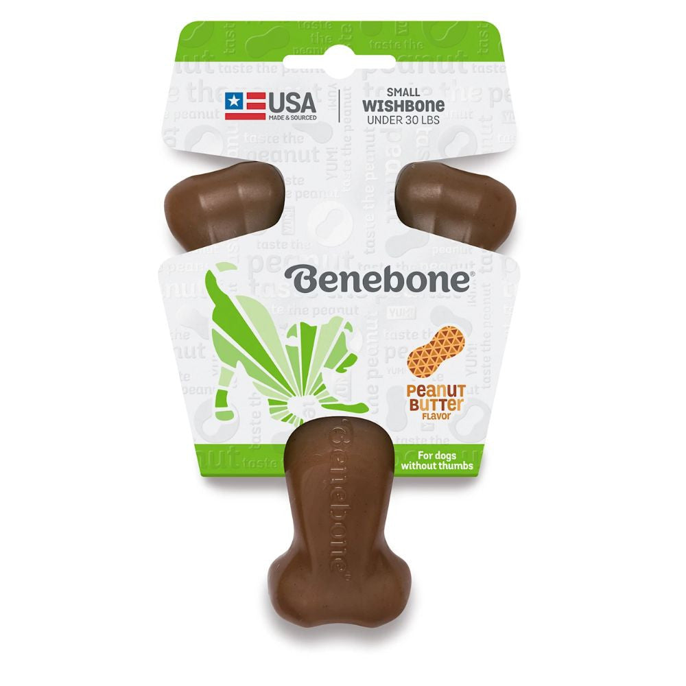 Benebone Wishbone Peanut Dog Chew Toy in a wishbone shape, made from durable nylon and infused with real peanuts, designed for dogs to chew.