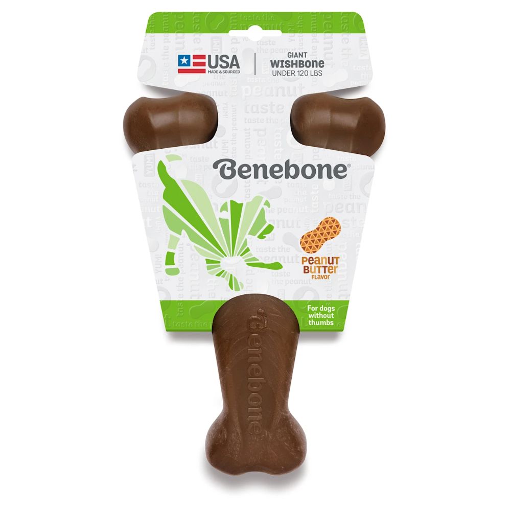 Benebone Wishbone Peanut Dog Chew Toy in a wishbone shape, made from durable nylon and infused with real peanuts, designed for dogs to chew.