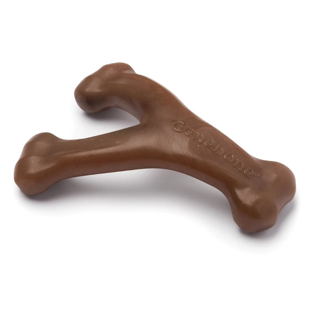 Benebone Wishbone Peanut Dog Chew Toy in a wishbone shape, made from durable nylon and infused with real peanuts, designed for dogs to chew.
