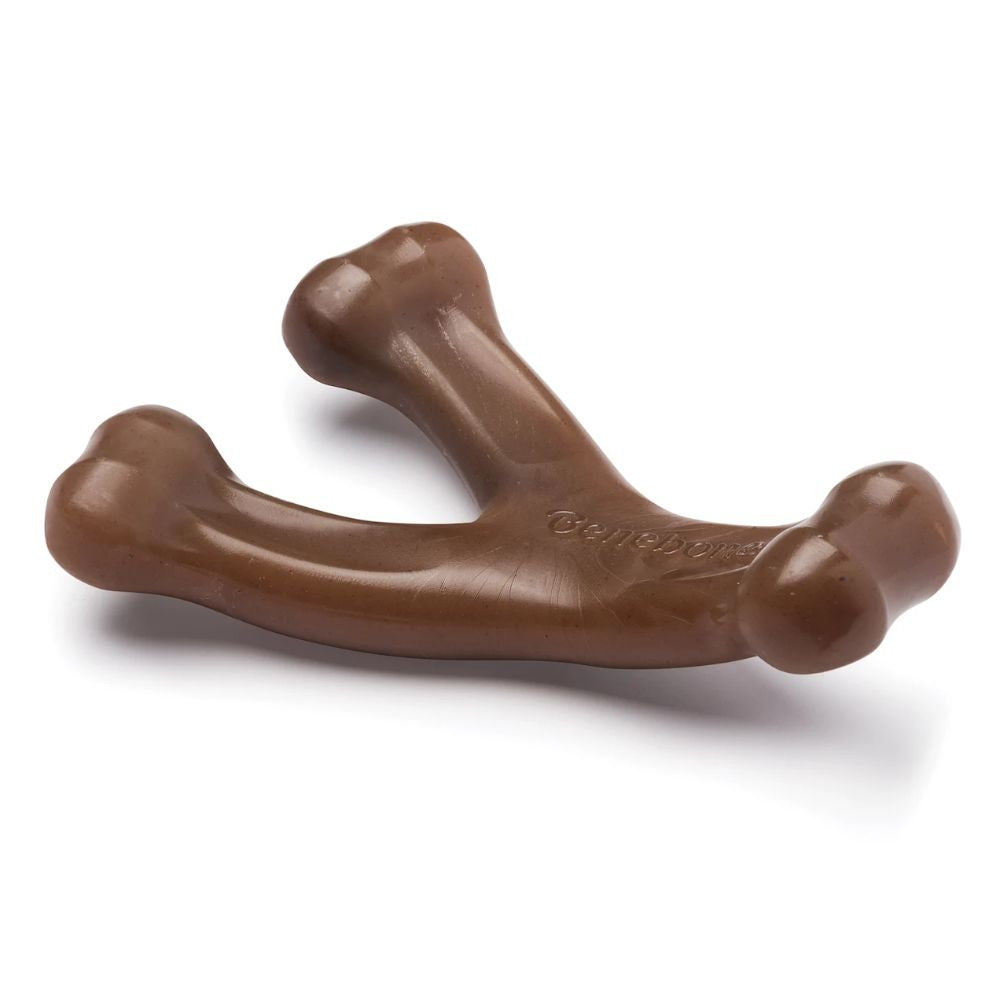 Benebone Wishbone Peanut Dog Chew Toy in a wishbone shape, made from durable nylon and infused with real peanuts, designed for dogs to chew.