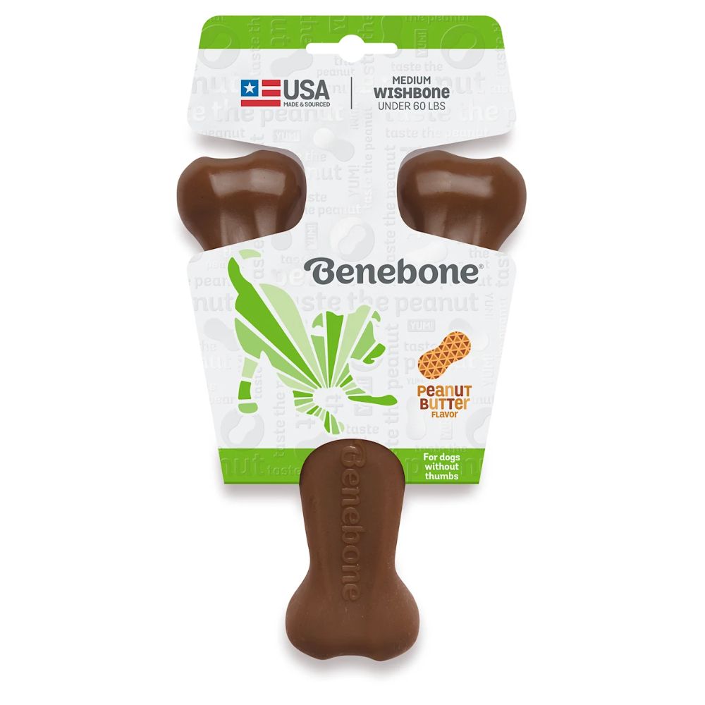 Benebone Wishbone Peanut Dog Chew Toy in a wishbone shape, made from durable nylon and infused with real peanuts, designed for dogs to chew.