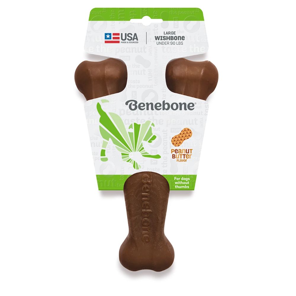 Benebone Wishbone Peanut Dog Chew Toy in a wishbone shape, made from durable nylon and infused with real peanuts, designed for dogs to chew.