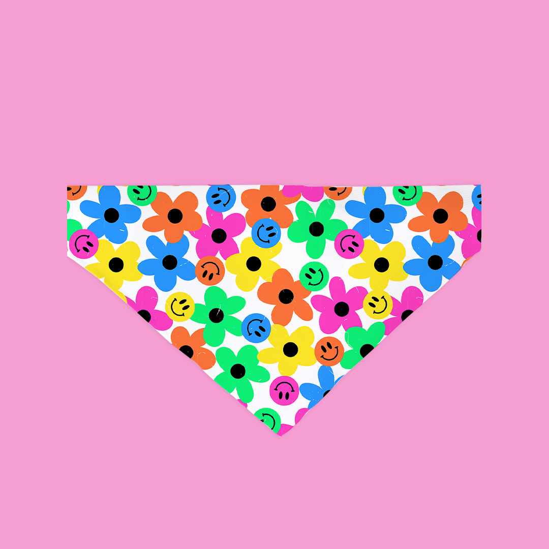 A stylish Best Buds Dog Bandana in vibrant colors, designed for a secure fit over a dog's collar, showcasing its soft fabric and handmade quality.