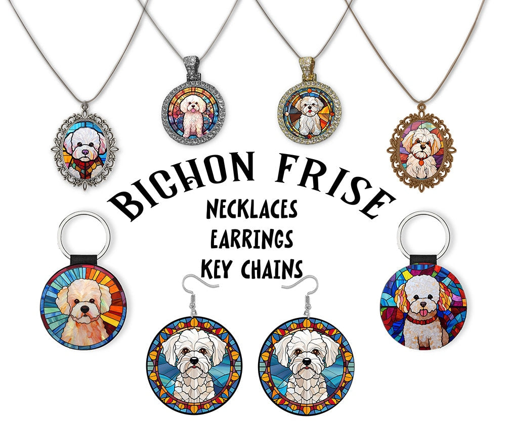 Stained glass style jewelry featuring Bichon Frise designs, including necklaces and earrings in silver and gold finishes.