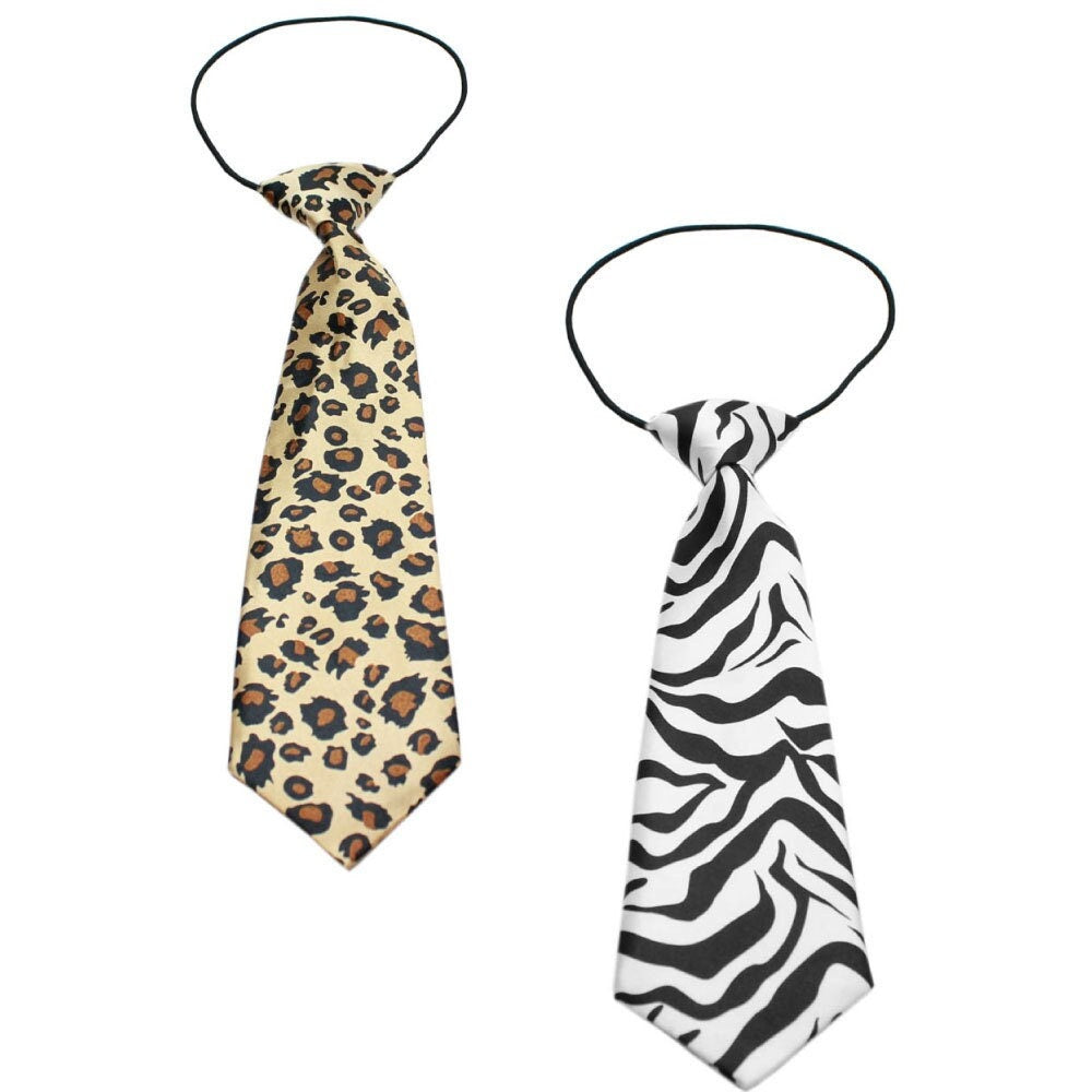 Big Dog Neck Ties in Leopard and Zebra prints, showcasing elegant silky polyester material and durable elastic band for a comfortable fit.