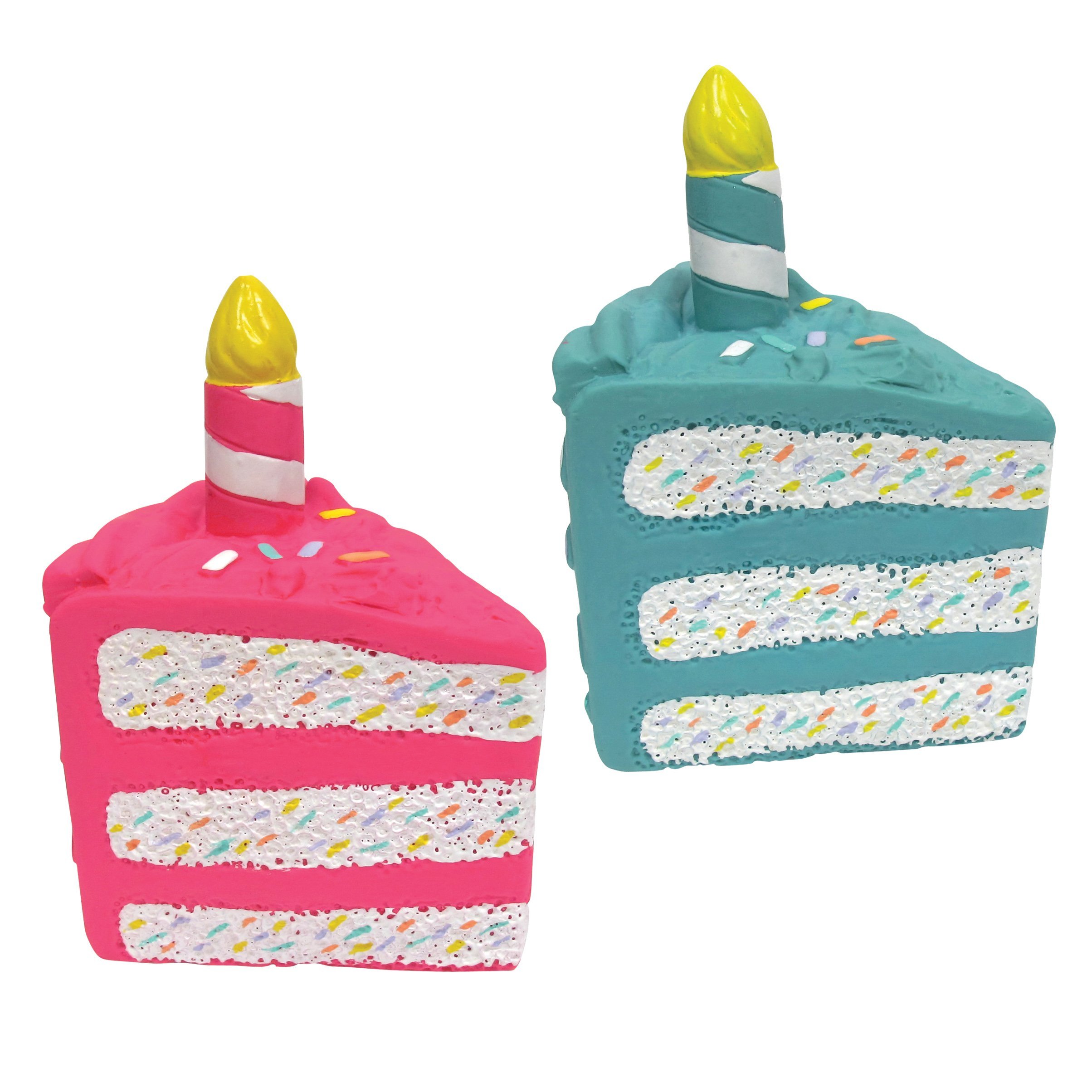 A colorful birthday cake chew toy for dogs, featuring a slice design with a squeaker, made from non-toxic latex material.