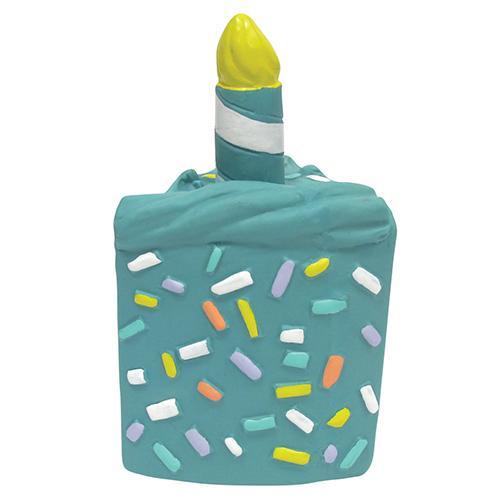 A colorful birthday cake chew toy for dogs, featuring a slice design with a squeaker, made from non-toxic latex material.
