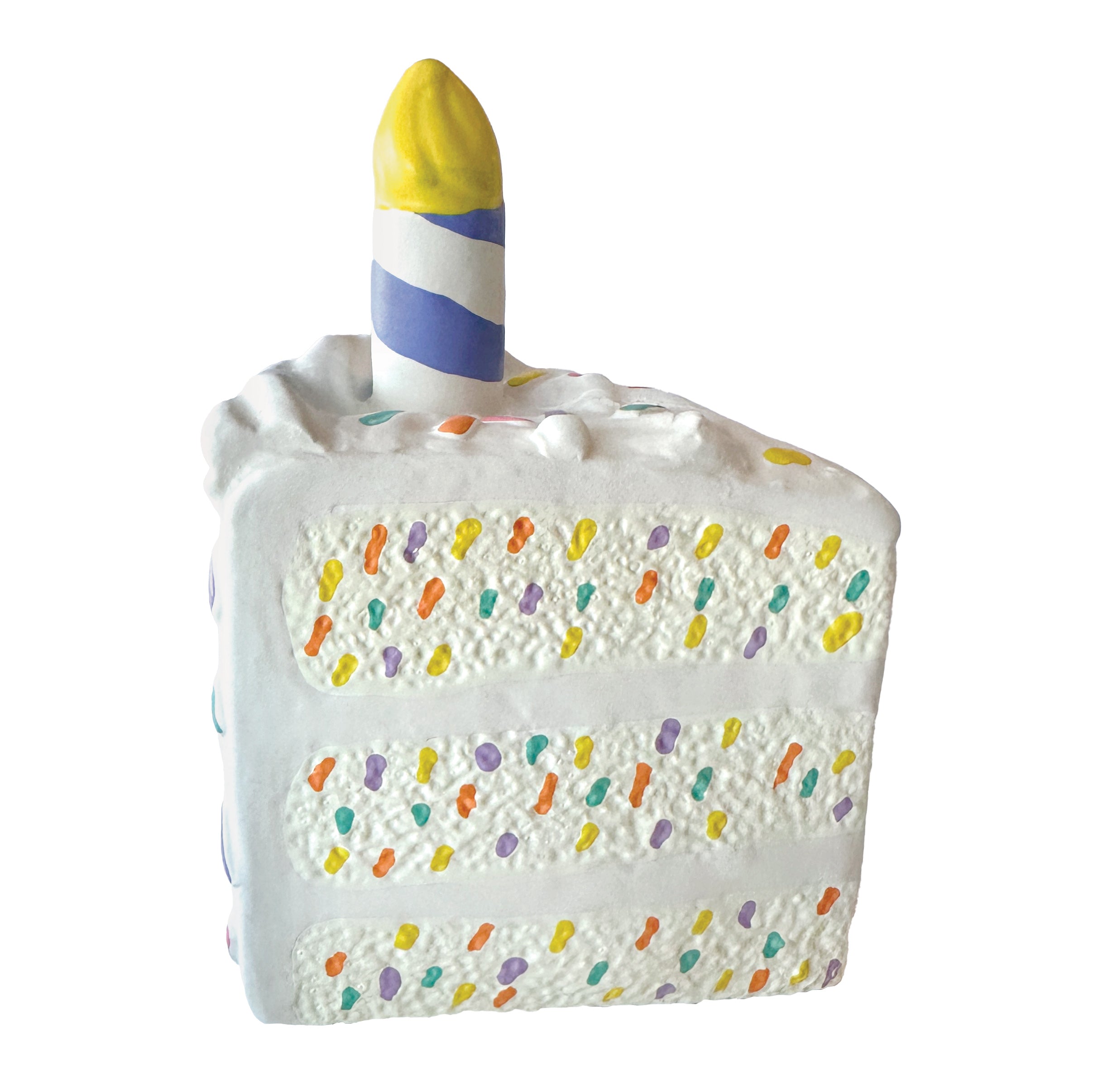 A colorful birthday cake chew toy for dogs, featuring a slice design with a squeaker, made from non-toxic latex material.