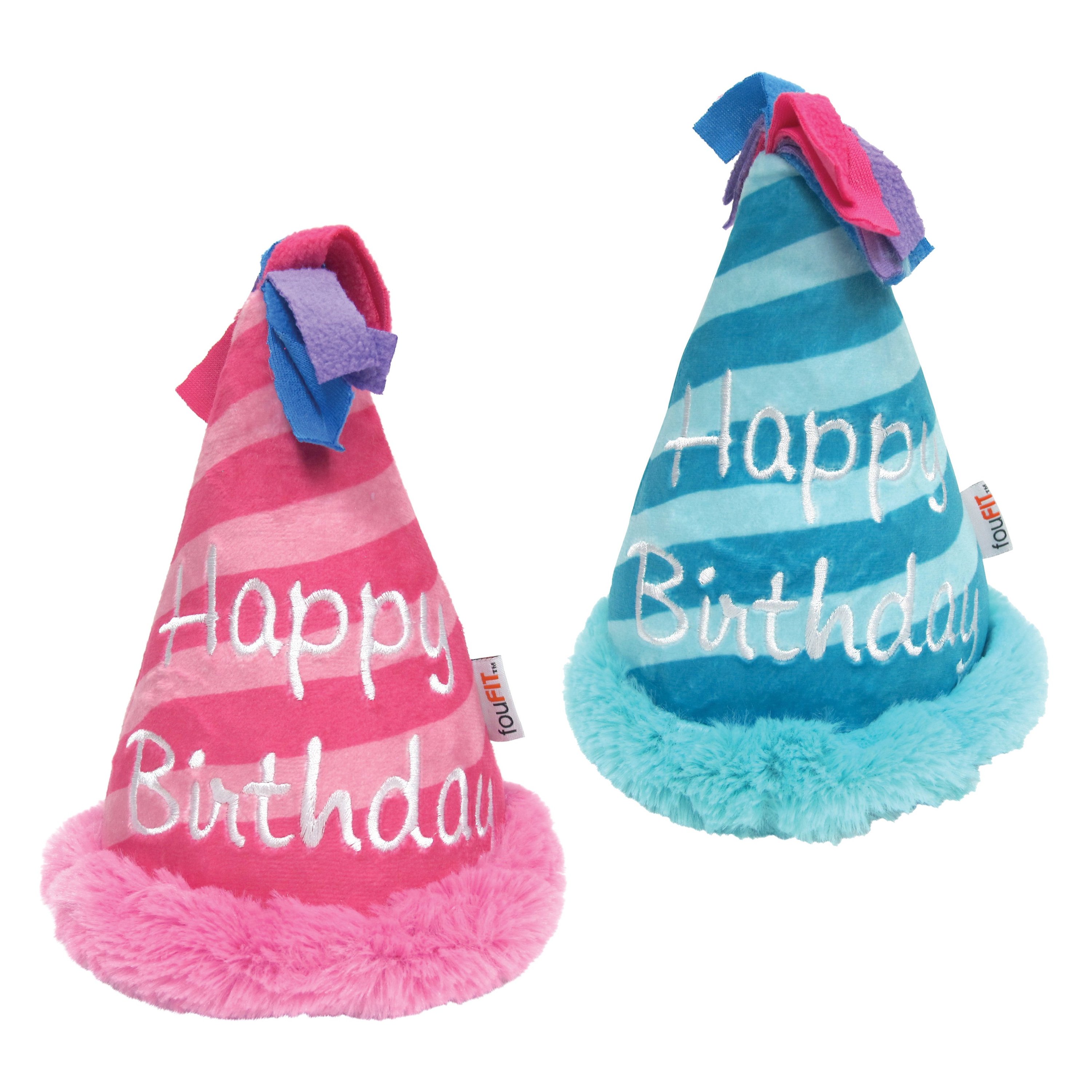 Colorful plush birthday hat toy for dogs, featuring crinkle sound and squeaker.