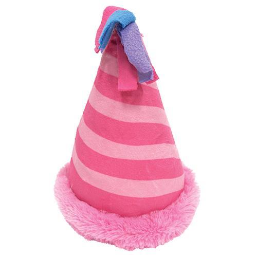 Colorful plush birthday hat toy for dogs, featuring crinkle sound and squeaker.