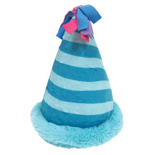 Colorful plush birthday hat toy for dogs, featuring crinkle sound and squeaker.