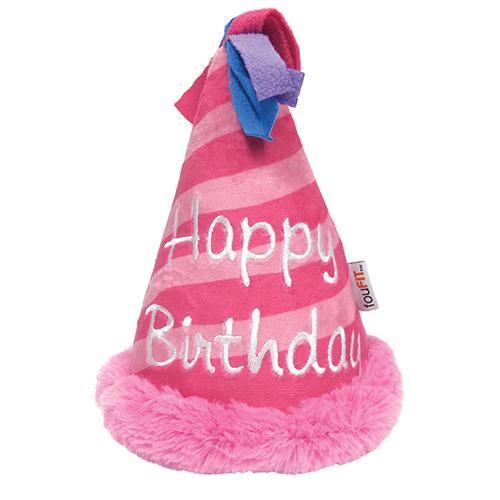 Colorful plush birthday hat toy for dogs, featuring crinkle sound and squeaker.