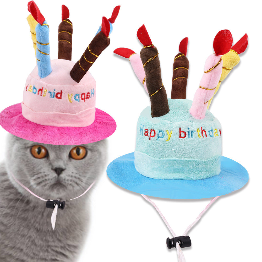A colorful birthday hat designed for pets, featuring a fun design and adjustable strap for a comfortable fit.