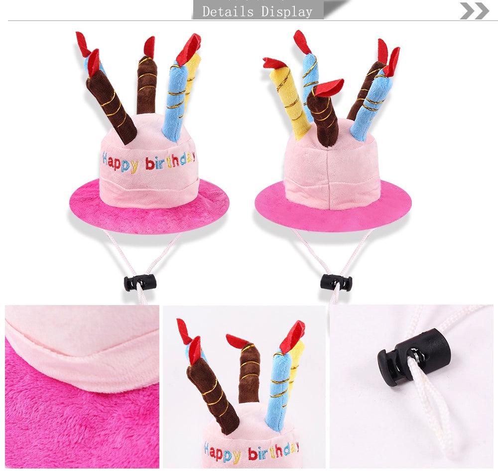 A colorful birthday hat designed for pets, featuring a fun design and adjustable strap for a comfortable fit.