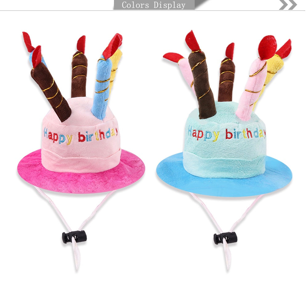 A colorful birthday hat designed for pets, featuring a fun design and adjustable strap for a comfortable fit.