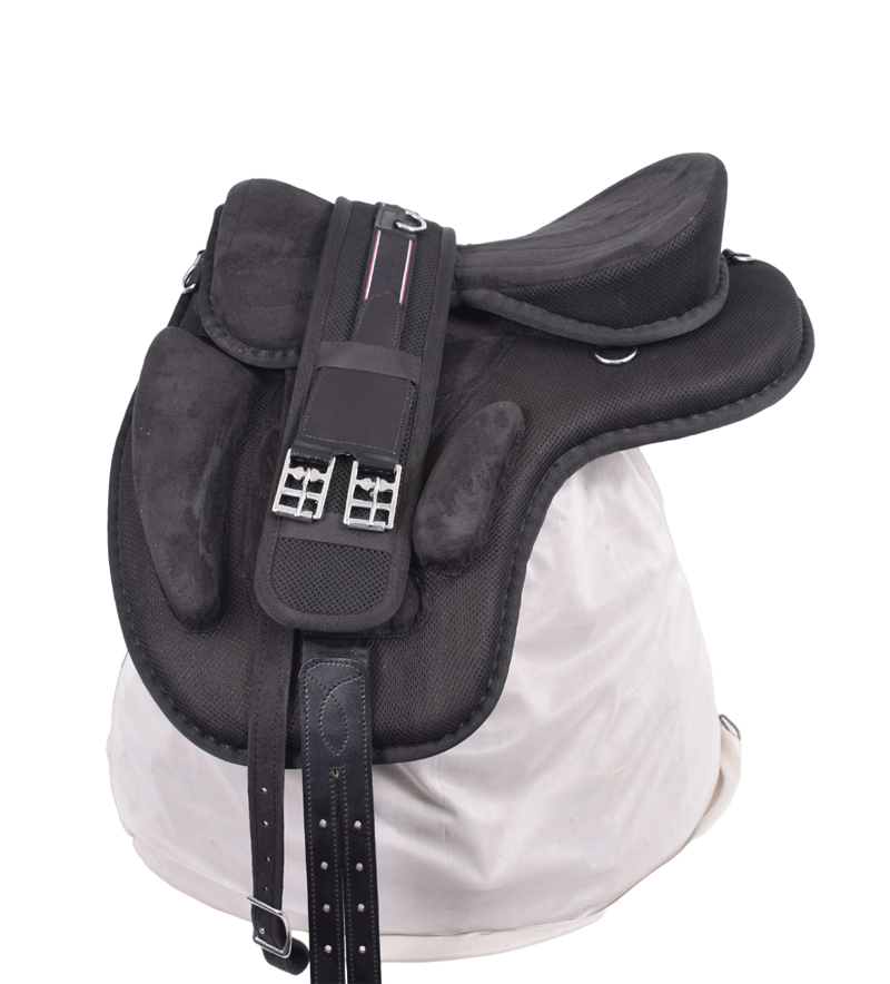 Black Treeless Freemax Synthetic Horse Saddle with matching girth, showcasing its sleek design and high-quality materials.
