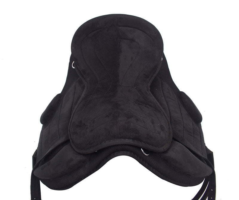Black Treeless Freemax Synthetic Horse Saddle with matching girth, showcasing its suede texture and detachable components.