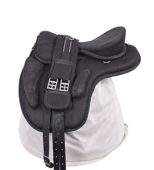 Black Treeless Freemax Synthetic Horse Saddle with matching girth, showcasing its soft suede material and adjustable features.