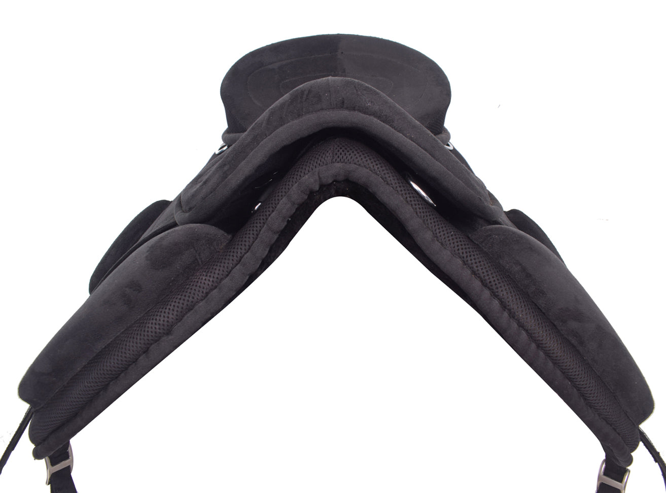 Black Treeless Freemax Synthetic Horse Saddle with matching girth, showcasing its soft suede material and adjustable features.