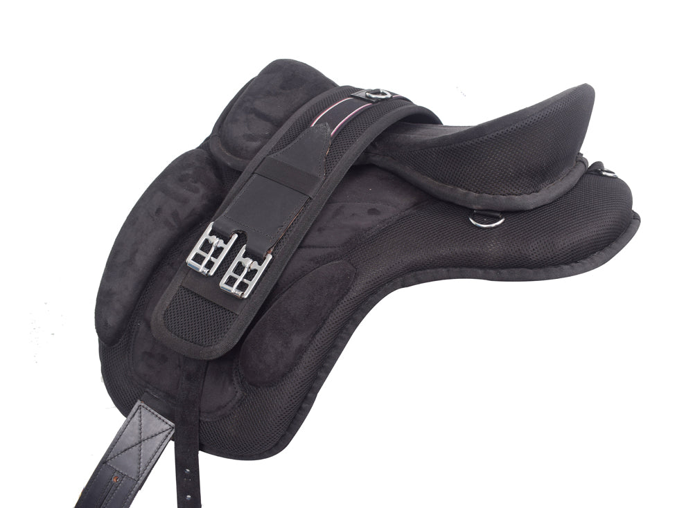 Black Treeless Freemax Synthetic Horse Saddle with matching girth, showcasing its soft suede material and adjustable features.