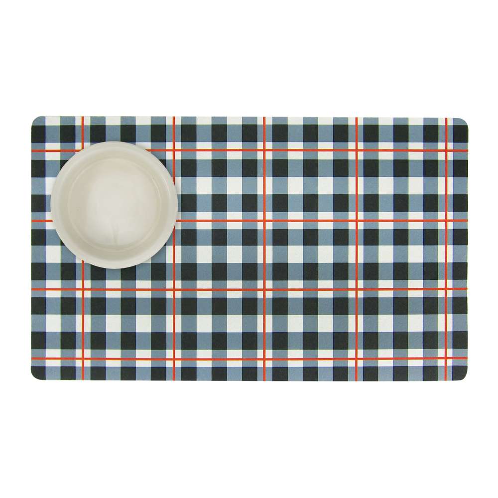 Black & White Plaid Dog Mat designed for food and water bowls, featuring a slip-resistant surface and absorbent material.