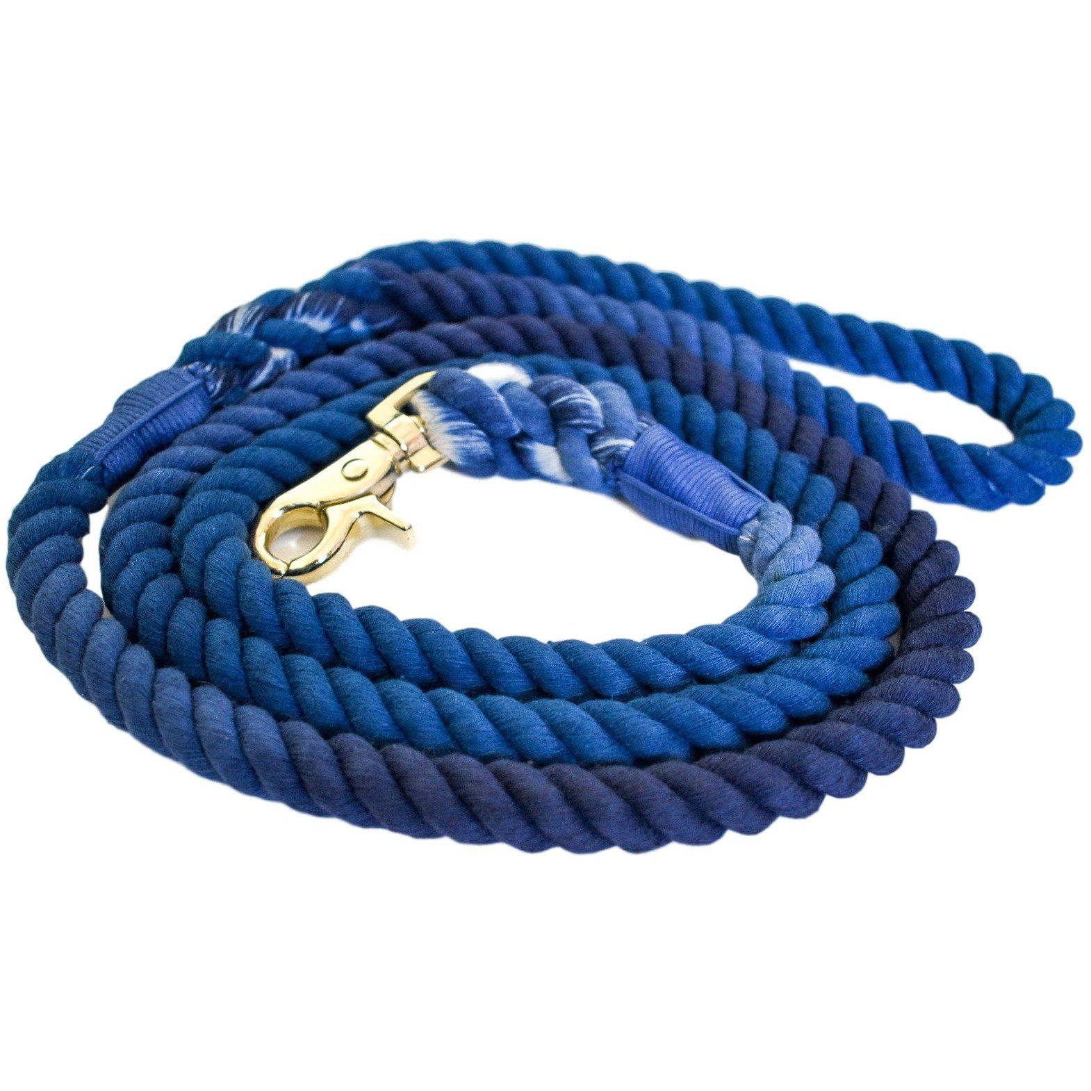 Blessed Blue Dog Leash made of hand-dyed cotton rope, featuring nickel-plated hardware and an ombre design, perfect for stylish walks.