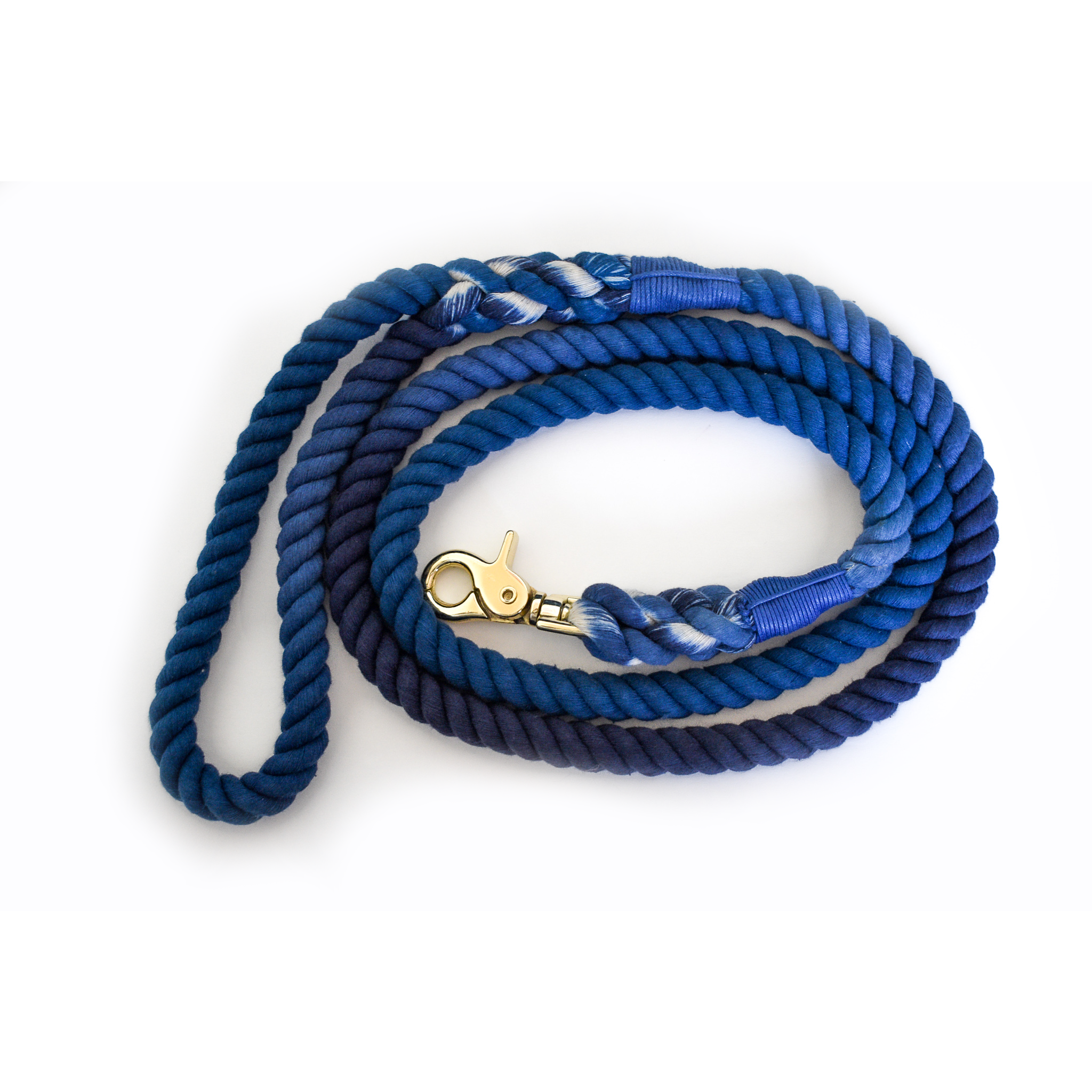 Blessed Blue Dog Leash made of hand-dyed cotton rope, featuring nickel-plated hardware and an ombre design, perfect for stylish walks.