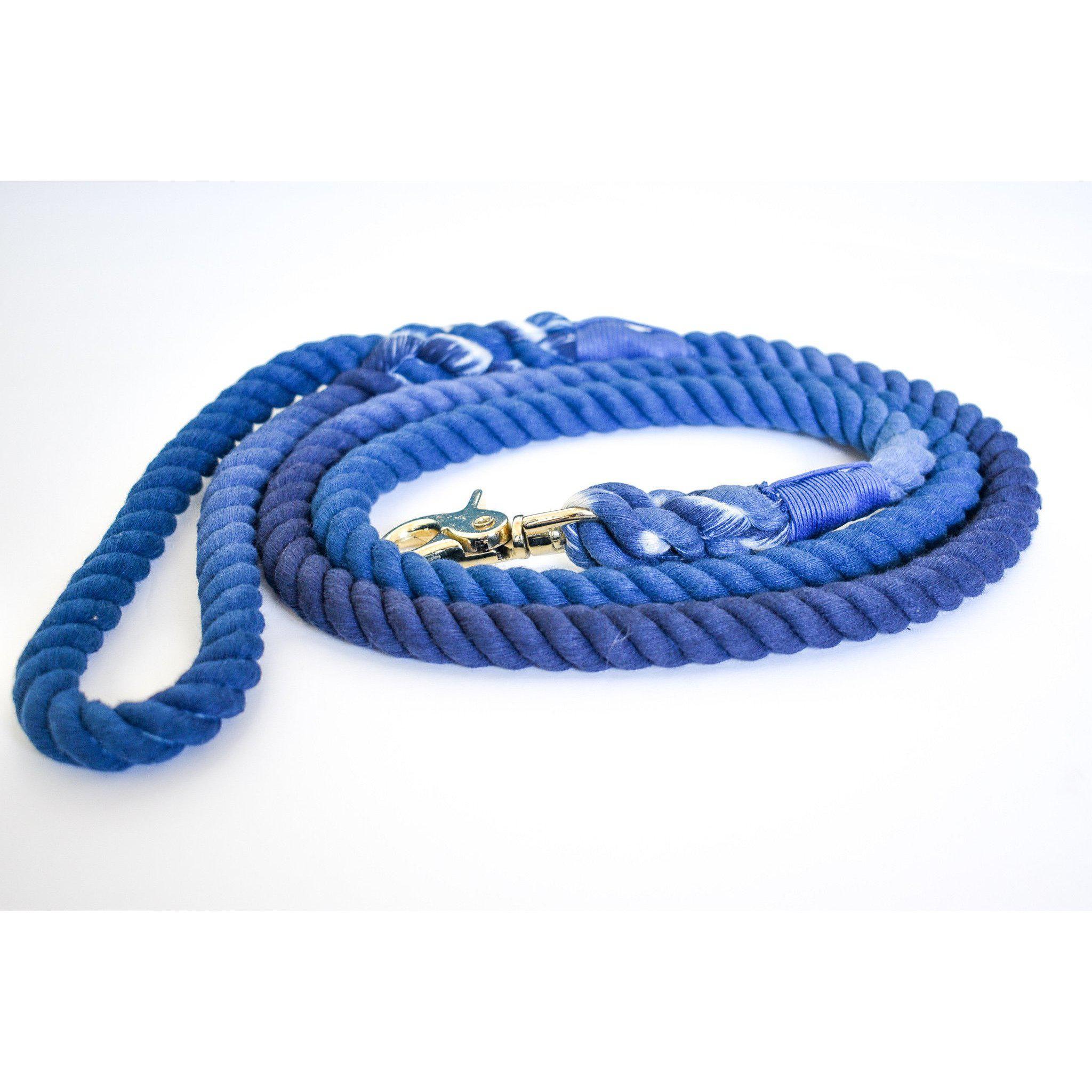Blessed Blue Dog Leash made of hand-dyed cotton rope, featuring nickel-plated hardware and an ombre design, perfect for stylish walks.