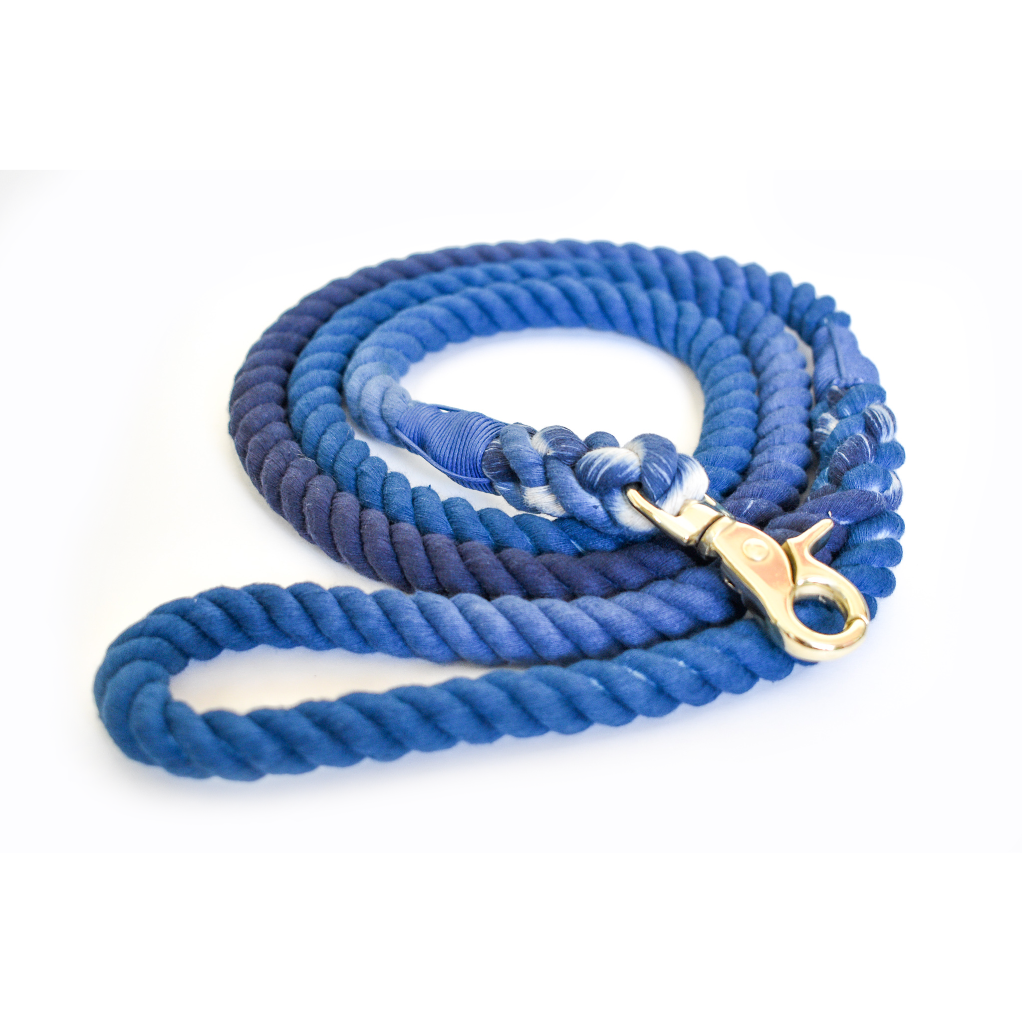 Blessed Blue Dog Leash made of hand-dyed cotton rope, featuring nickel-plated hardware and an ombre design, perfect for stylish walks.
