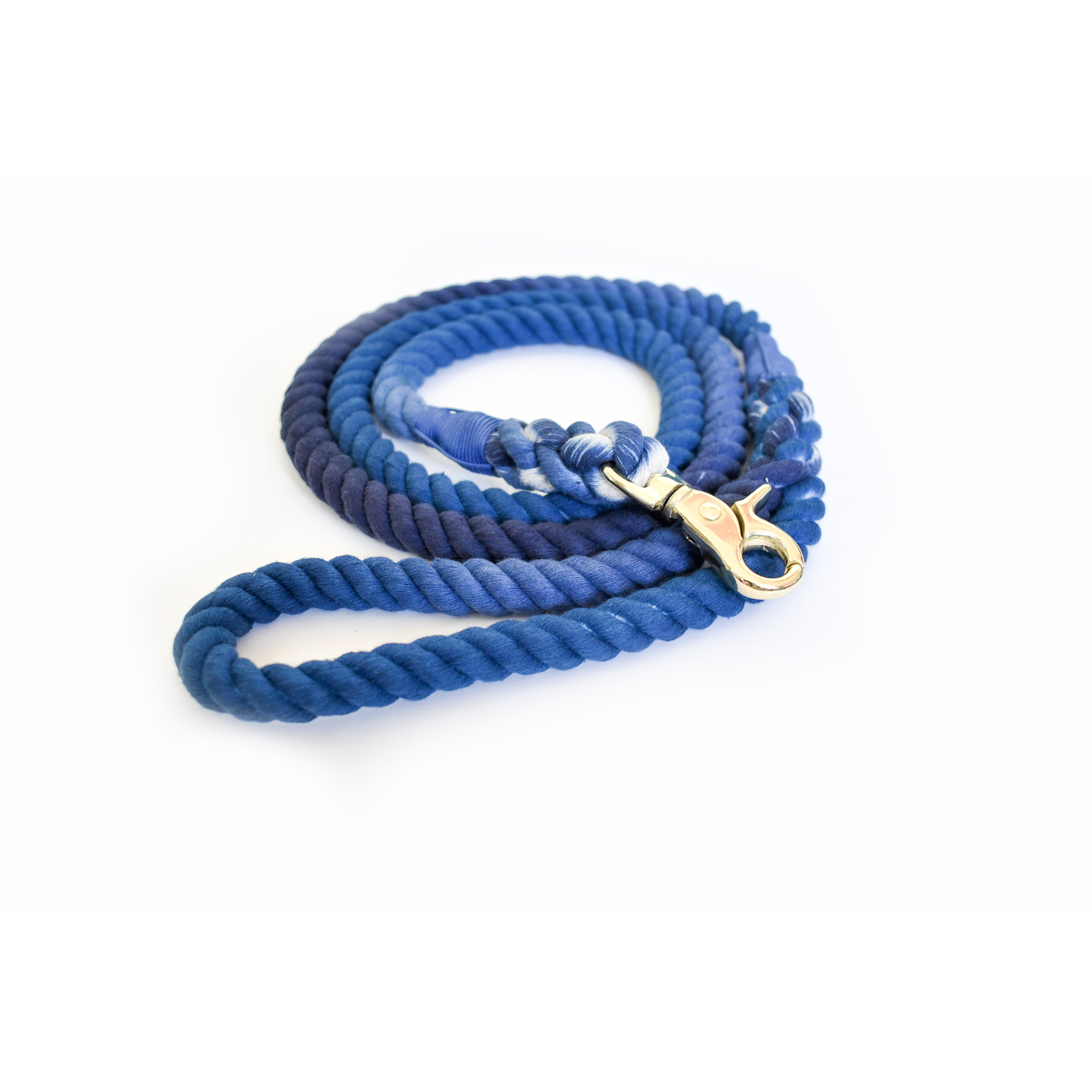 Blessed Blue Dog Leash made of hand-dyed cotton rope, featuring nickel-plated hardware and an ombre design, perfect for stylish walks.