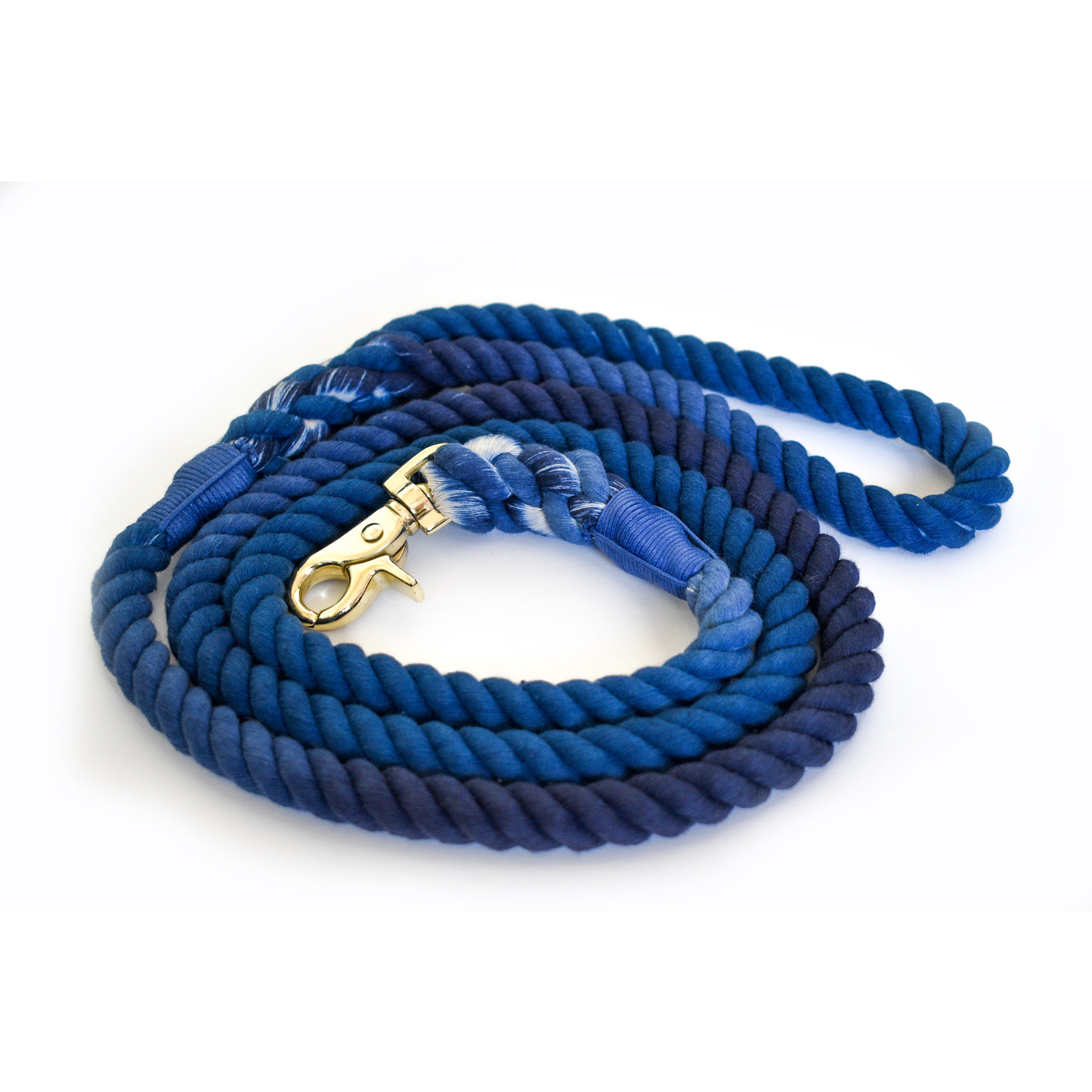 Blessed Blue Dog Leash made of hand-dyed cotton rope, featuring nickel-plated hardware and an ombre design, perfect for stylish walks.