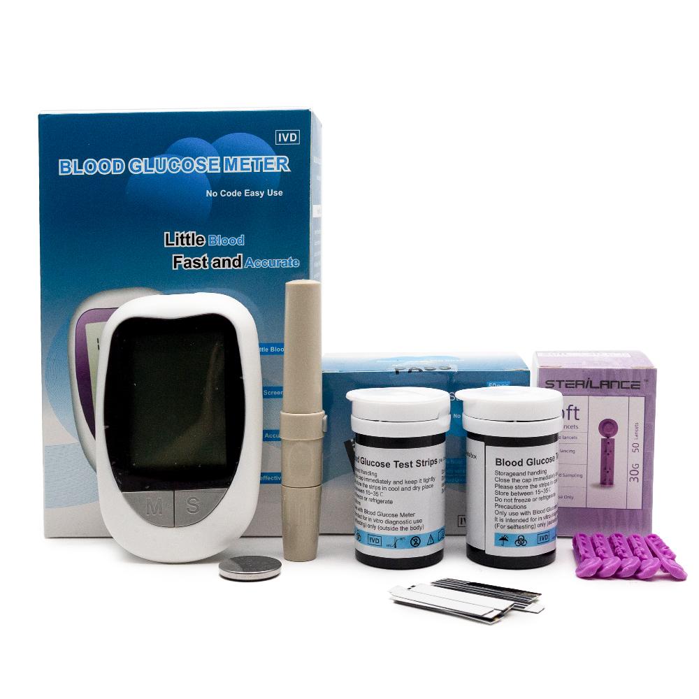 Blood Glucose Meter Glucometer Kit with test strips and lancets, designed for home diabetes testing.
